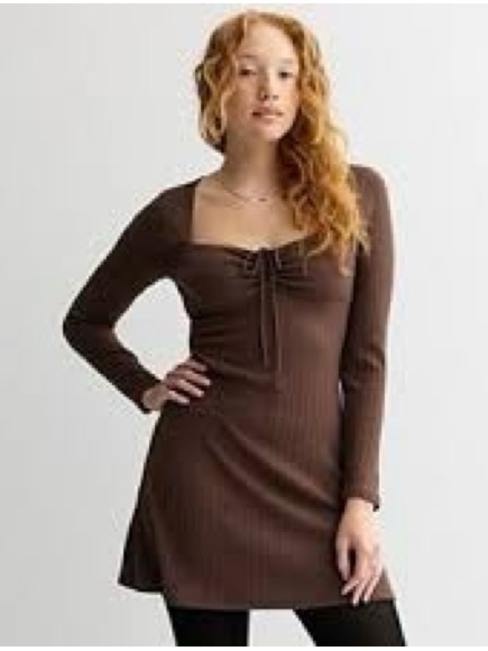 NWT Brown Ribbed Long Sleeve Mini Dress Ruched Tie Front Y2K Fall Coquette M